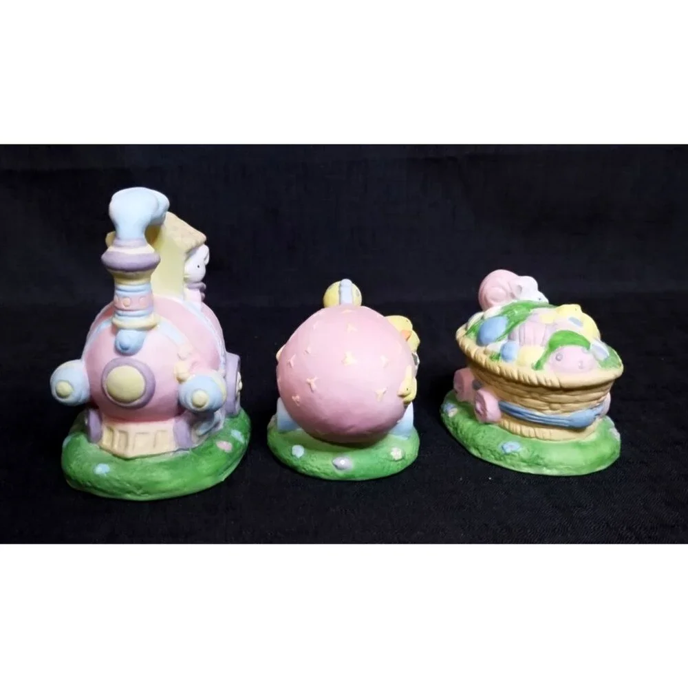 Bisque Ceramic Easter Egg Train 3 Figures Bunny Rabbit Chick Spring Flowers